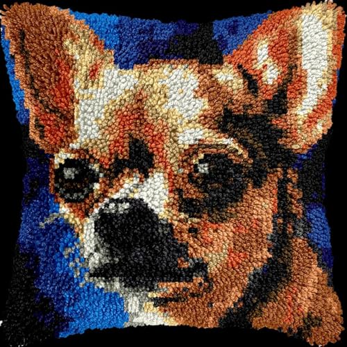 XDEGHUANGSS Knüpfhaken-Set für Erwachsene,komplettes Kissenbezug-Set,Latch Hook Kit Cushion,Häkelset für Anfänger,43x43cm,Chihuahua Hund Tier von XDEGHUANGSS