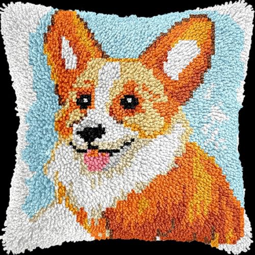 XDEGHUANGSS Knüpfhaken-Set für Erwachsene,komplettes Kissenbezug-Set,Latch Hook Kit Cushion,Häkelset für Anfänger,43x43cm,Corgi-Tier von XDEGHUANGSS