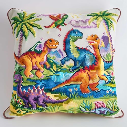 XDEGHUANGSS Knüpfhaken-Set für Erwachsene,komplettes Kissenbezug-Set,Latch Hook Kit Cushion,Häkelset für Anfänger,43x43cm,Dinosaurier von XDEGHUANGSS