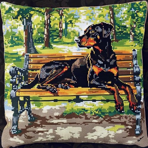 XDEGHUANGSS Knüpfhaken-Set für Erwachsene,komplettes Kissenbezug-Set,Latch Hook Kit Cushion,Häkelset für Anfänger,43x43cm,Dobermann Pinscher Tier von XDEGHUANGSS