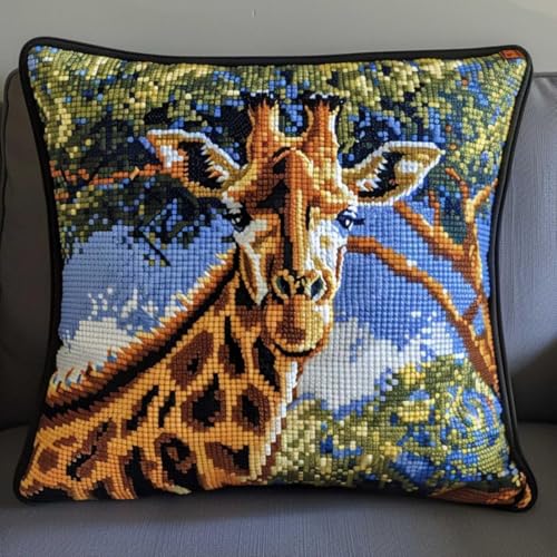 XDEGHUANGSS Knüpfhaken-Set für Erwachsene,komplettes Kissenbezug-Set,Latch Hook Kit Cushion,Häkelset für Anfänger,43x43cm,Giraffe von XDEGHUANGSS