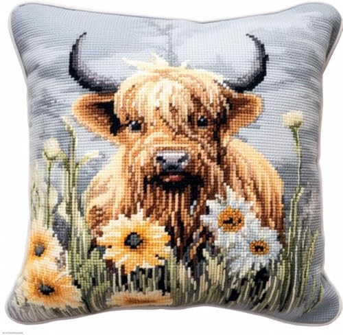 XDEGHUANGSS Knüpfhaken-Set für Erwachsene,komplettes Kissenbezug-Set,Latch Hook Kit Cushion,Häkelset für Anfänger,43x43cm,Hochlandrinder und Blumen von XDEGHUANGSS