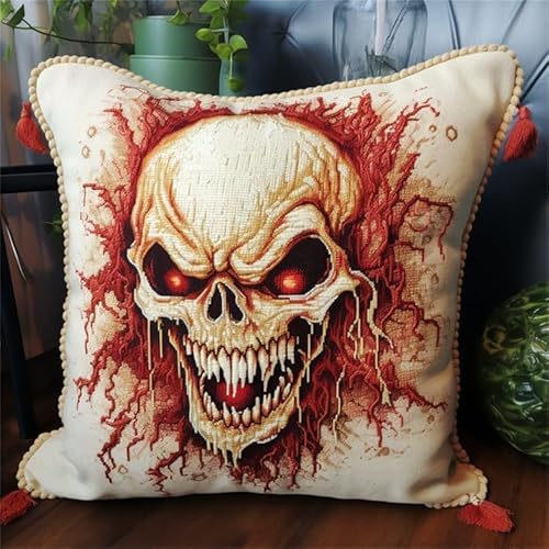 XDEGHUANGSS Knüpfhaken-Set für Erwachsene,komplettes Kissenbezug-Set,Latch Hook Kit Cushion,Häkelset für Anfänger,43x43cm,Horror-Schädel von XDEGHUANGSS