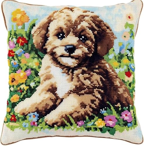 XDEGHUANGSS Knüpfhaken-Set für Erwachsene,komplettes Kissenbezug-Set,Latch Hook Kit Cushion,Häkelset für Anfänger,43x43cm,Hund in Blumen von XDEGHUANGSS