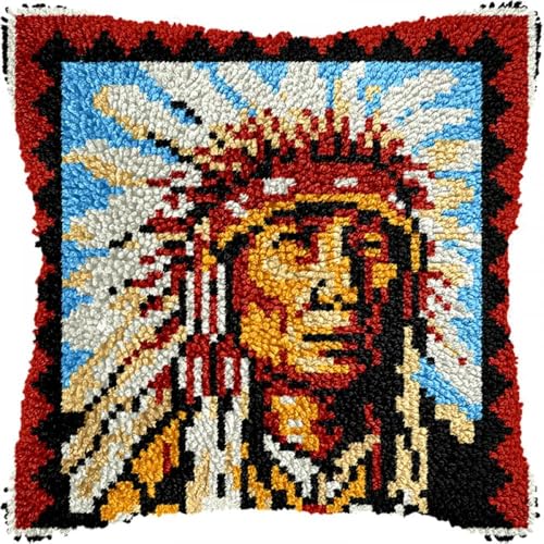 XDEGHUANGSS Knüpfhaken-Set für Erwachsene,komplettes Kissenbezug-Set,Latch Hook Kit Cushion,Häkelset für Anfänger,43x43cm,Indianerporträt von XDEGHUANGSS