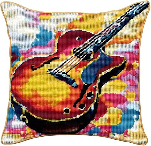 XDEGHUANGSS Knüpfhaken-Set für Erwachsene,komplettes Kissenbezug-Set,Latch Hook Kit Cushion,Häkelset für Anfänger,43x43cm,Musik Gitarre von XDEGHUANGSS