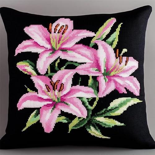 XDEGHUANGSS Knüpfhaken-Set für Erwachsene,komplettes Kissenbezug-Set,Latch Hook Kit Cushion,Häkelset für Anfänger,43x43cm,Rosa Lilienblüten von XDEGHUANGSS