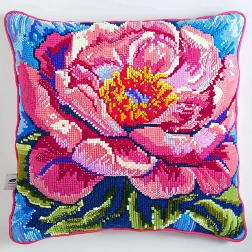 XDEGHUANGSS Knüpfhaken-Set für Erwachsene,komplettes Kissenbezug-Set,Latch Hook Kit Cushion,Häkelset für Anfänger,43x43cm,Rosa Pfingstrose von XDEGHUANGSS