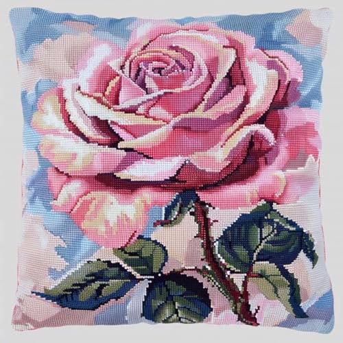 XDEGHUANGSS Knüpfhaken-Set für Erwachsene,komplettes Kissenbezug-Set,Latch Hook Kit Cushion,Häkelset für Anfänger,43x43cm,Rosa Rosen von XDEGHUANGSS