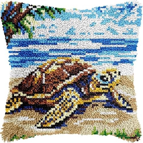 XDEGHUANGSS Knüpfhaken-Set für Erwachsene,komplettes Kissenbezug-Set,Latch Hook Kit Cushion,Häkelset für Anfänger,43x43cm,Schildkröte am Strand von XDEGHUANGSS