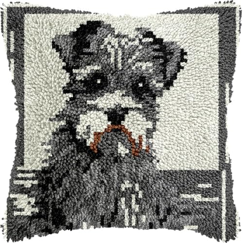 XDEGHUANGSS Knüpfhaken-Set für Erwachsene,komplettes Kissenbezug-Set,Latch Hook Kit Cushion,Häkelset für Anfänger,43x43cm,Schnauzer Hund von XDEGHUANGSS