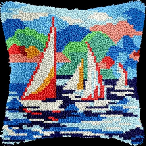 XDEGHUANGSS Knüpfhaken-Set für Erwachsene,komplettes Kissenbezug-Set,Latch Hook Kit Cushion,Häkelset für Anfänger,43x43cm,Segelboot-Landschaft von XDEGHUANGSS