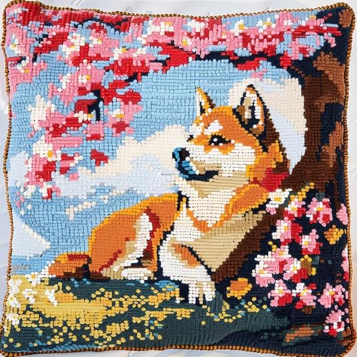 XDEGHUANGSS Knüpfhaken-Set für Erwachsene,komplettes Kissenbezug-Set,Latch Hook Kit Cushion,Häkelset für Anfänger,43x43cm,Shiba Inu von XDEGHUANGSS