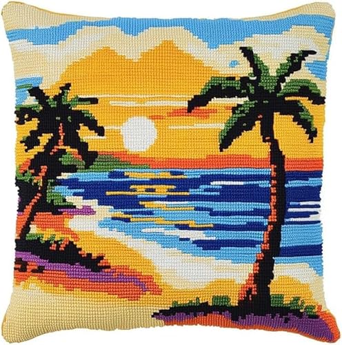 XDEGHUANGSS Knüpfhaken-Set für Erwachsene,komplettes Kissenbezug-Set,Latch Hook Kit Cushion,Häkelset für Anfänger,43x43cm,Sonnenuntergang Strand von XDEGHUANGSS