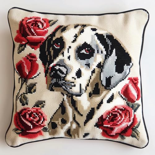 XDEGHUANGSS Knüpfhaken-Set für Erwachsene,komplettes Kissenbezug-Set,Latch Hook Kit Cushion,Häkelset für Anfänger,43x43cm,Tier Hund, Dalmatiner von XDEGHUANGSS