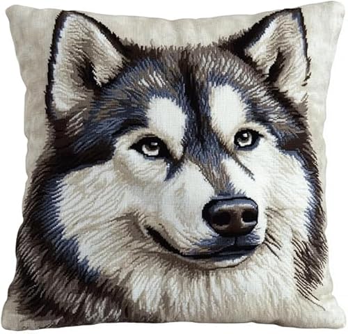 XDEGHUANGSS Knüpfhaken-Set für Erwachsene,komplettes Kissenbezug-Set,Latch Hook Kit Cushion,Häkelset für Anfänger,43x43cm,Tiere Hund Husky von XDEGHUANGSS