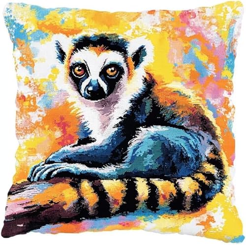 XDEGHUANGSS Knüpfhaken-Set für Erwachsene,komplettes Kissenbezug-Set,Latch Hook Kit Cushion,Häkelset für Anfänger,43x43cm,Tierischer Lemur von XDEGHUANGSS