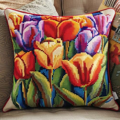 XDEGHUANGSS Knüpfhaken-Set für Erwachsene,komplettes Kissenbezug-Set,Latch Hook Kit Cushion,Häkelset für Anfänger,43x43cm,Tulpe von XDEGHUANGSS