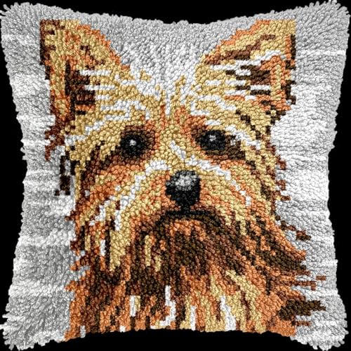 XDEGHUANGSS Knüpfhaken-Set für Erwachsene,komplettes Kissenbezug-Set,Latch Hook Kit Cushion,Häkelset für Anfänger,43x43cm,Yorkshire Terrier Tier von XDEGHUANGSS