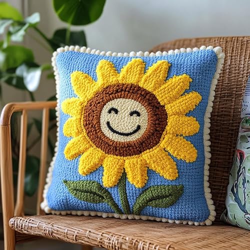 XDEGHUANGSS Knüpfhaken-Set für Kissenbezug 43x43cm - DIY Handwerk mit Garn & Werkzeug, Geschenk für Erwachsene und Kinder (Einfache Anleitung),Sonnenblume von XDEGHUANGSS