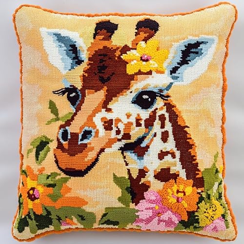 XDEGHUANGSS Knüpfhaken-Teppich-Set 43x43cm - Komplettset mit Garn & Leinwand, Anfängerfreundliches DIY Kissenbezug-Handwerk für Erwachsene & Kinder (inkl. Anleitung),Blumengiraffe von XDEGHUANGSS