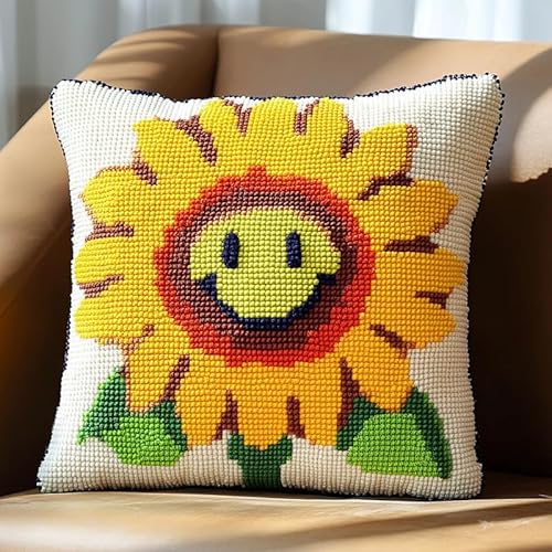 XDEGHUANGSS Knüpfhaken-Teppich-Set 43x43cm - Komplettset mit Garn & Leinwand, Anfängerfreundliches DIY Kissenbezug-Handwerk für Erwachsene & Kinder (inkl. Anleitung),Sonnenblume von XDEGHUANGSS