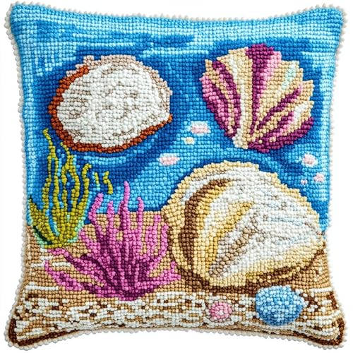 XDEGHUANGSS Knüpfhaken-Teppich-Set 43x43cm - Komplettset mit Garn & Leinwand, Anfängerfreundliches DIY Kissenbezug-Handwerk für Erwachsene & Kinder (inkl. Anleitung),Strandmuscheln von XDEGHUANGSS