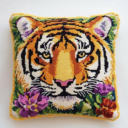 XDEGHUANGSS Knüpfhaken-Teppich-Set 43x43cm - Komplettset mit Garn & Leinwand, Anfängerfreundliches DIY Kissenbezug-Handwerk für Erwachsene & Kinder (inkl. Anleitung),Tier Tiger von XDEGHUANGSS