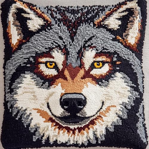 XDEGHUANGSS Knüpfhaken-Teppich-Set 43x43cm - Komplettset mit Garn & Leinwand, Anfängerfreundliches DIY Kissenbezug-Handwerk für Erwachsene & Kinder (inkl. Anleitung),Tier Wolf von XDEGHUANGSS