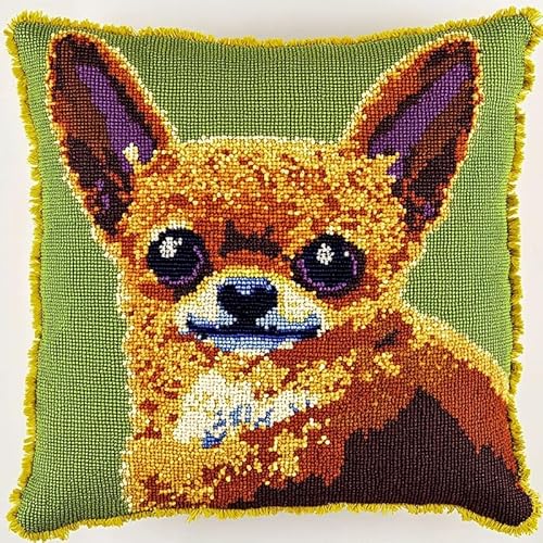 XDEGHUANGSS Knüpfkissen Knüpfen Set Zum Selber Knüpfen Knüpfhaken-Sets Kissenbezug Sofakissen Anfänger DIY Häkelgarn-Sets Basteln Heimdekoration 43x43cm,Chihuahua-Hund von XDEGHUANGSS