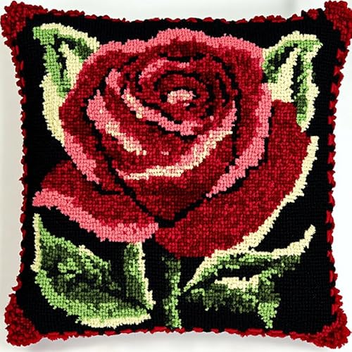 XDEGHUANGSS Knüpfkissen Knüpfen Set Zum Selber Knüpfen Knüpfhaken-Sets Kissenbezug Sofakissen Anfänger DIY Häkelgarn-Sets Basteln Heimdekoration 43x43cm,Rote Rose von XDEGHUANGSS