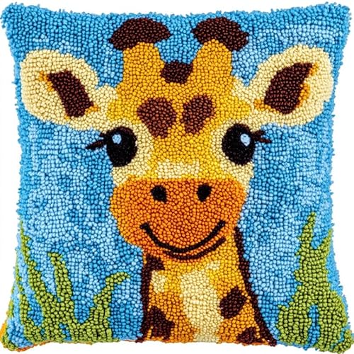 XDEGHUANGSS Knüpfkissen-Set,DIY latch hook kissen kit Zum Selber Knüpfen für Teenager oder Anfänger Erwachsene,DIY Knüpfteppich Knüpfpackung,43x43cm,Giraffe von XDEGHUANGSS