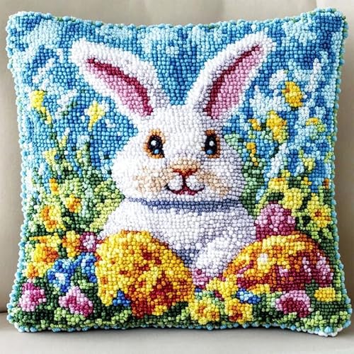 XDEGHUANGSS Knüpfkissen-Set,DIY latch hook kissen kit Zum Selber Knüpfen für Teenager oder Anfänger Erwachsene,DIY Knüpfteppich Knüpfpackung,43x43cm,Osterhase von XDEGHUANGSS