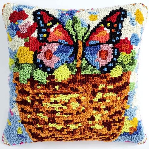 XDEGHUANGSS Knüpfteppich Zum Selber Knüpf-Sets mit Kissen knüpfen,Kissenbezug Knüpfset, Knüpfkissen Set,Latch Hook Kits für Erwachsene,43x43cm,Blumen Schmetterlingskorb von XDEGHUANGSS