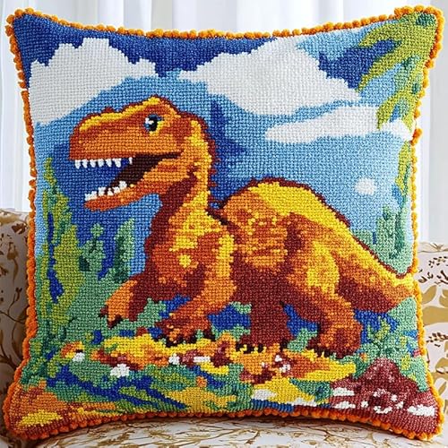 XDEGHUANGSS Knüpfteppich Zum Selber Knüpf-Sets mit Kissen knüpfen,Kissenbezug Knüpfset, Knüpfkissen Set,Latch Hook Kits für Erwachsene,43x43cm,Dinosaurier von XDEGHUANGSS