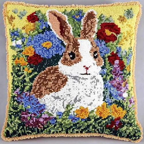 XDEGHUANGSS Knüpfteppich Zum Selber Knüpf-Sets mit Kissen knüpfen,Kissenbezug Knüpfset, Knüpfkissen Set,Latch Hook Kits für Erwachsene,43x43cm,Kaninchenblumen von XDEGHUANGSS