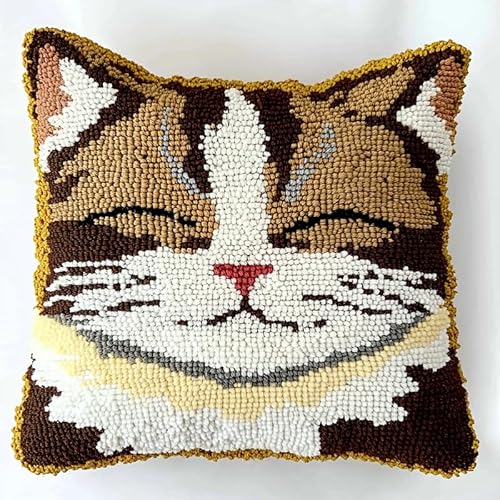 XDEGHUANGSS Knüpfteppich Zum Selber Knüpf-Sets mit Kissen knüpfen,Kissenbezug Knüpfset, Knüpfkissen Set,Latch Hook Kits für Erwachsene,43x43cm,Tier Katze von XDEGHUANGSS