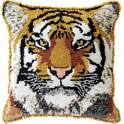 XDEGHUANGSS Knüpfteppich Zum Selber Knüpf-Sets mit Kissen knüpfen,Kissenbezug Knüpfset, Knüpfkissen Set,Latch Hook Kits für Erwachsene,43x43cm,Wilder Tiger von XDEGHUANGSS