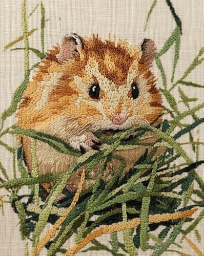 XDEGHUANGSS Kompaktes Kreuzstichset,Hamster im Gras,16x20 Zoll 11CT gestempelte DIY-Stickerei,mit vorsortiertem Garn und übersichtlicher Mustertabelle von XDEGHUANGSS