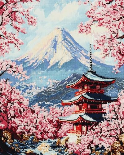 XDEGHUANGSS Kreuzstich-Set Schneeberg Fuji,Sakura Park,11 CT,lustiges,gestempeltes Kreuzstich-Stickerei-Nadelspitzen-Handarbeitsset für Anfänger und Erwachsene,40x50 cm von XDEGHUANGSS