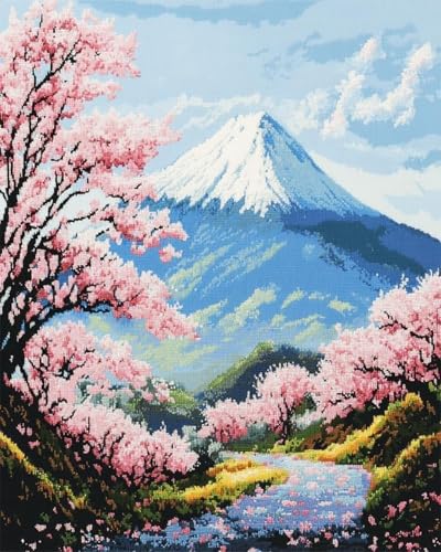 XDEGHUANGSS Kreuzstich-Set für Erwachsene mit Schneeberg und Fuji,Sakura Park,gestempelter Kreuzstich,11-fädig,DIY-Kreuzstich-Set,Stickset für Anfänger,40x50 cm von XDEGHUANGSS