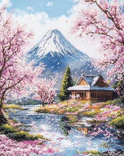 XDEGHUANGSS Kreuzstich-Set mit Schneeberg und Fuji-Mount,11 Karat,gestempelt,Sakura Park,Nadelspitze,gezähltes Kreuzstich-Set für Anfänger und Erwachsene,Stickset für Kunst und Handwerk,40x50 cm von XDEGHUANGSS