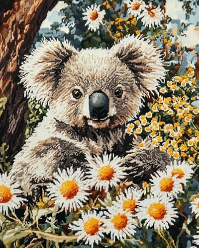 XDEGHUANGSS Kreuzstich-Set mit Tieren,Blumen-Koala,11-fädiges Stick-Bastelset mit Muster,Fäden,Nadeln und Leinwand – perfekt als Wanddekoration zu Hause und als Geschenk,40x50 cm von XDEGHUANGSS