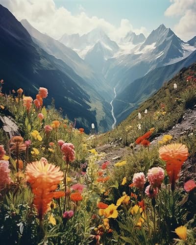 XDEGHUANGSS Kreuzstichset Mountain View,Hillside Wildflowers,DIY-Stickerei-Kreuzstichset für Erwachsene,perfektes DIY-Bastelset für Wandkunst und Geschenke,40x50 cm von XDEGHUANGSS