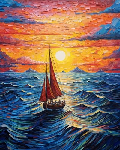 XDEGHUANGSS Kreuzstichset Segelboot auf dem Meer,Sonnenaufgang auf dem Meer,komplettes Stickset zum Selbermachen,perfekt als Heimdekoration und Geschenk,anfängerfreundlich,40x50 cm von XDEGHUANGSS