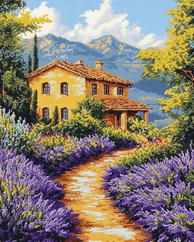 XDEGHUANGSS Kreuzstichset im Landschaftsstil,„Lavender Manor“,11-fädiges Stickset,3-fädiger Druck,Basteln,Wanddekoration für Zuhause,40x50 cm von XDEGHUANGSS