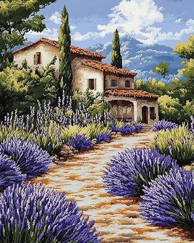 XDEGHUANGSS Kreuzstichset im Landschaftsstil,„Lavender Manor“,11-fädiges Stickset mit Muster,Fäden,Nadeln und Leinwand – perfekt als Wanddekoration zu Hause und als Geschenk,40x50 cm von XDEGHUANGSS