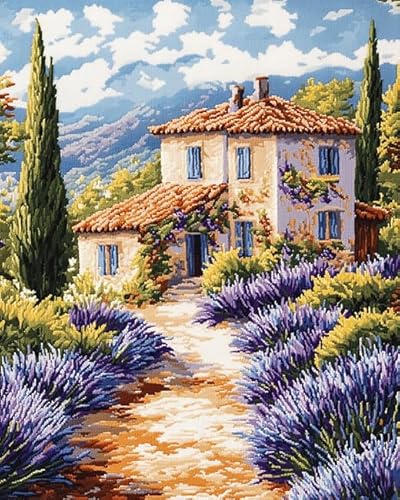 XDEGHUANGSS Kreuzstichset im Landschaftsstil,„Lavender Manor“,komplettes Stickset für die Inneneinrichtung,inkl. gemustertem Stoff und Garn,40x50 cm von XDEGHUANGSS