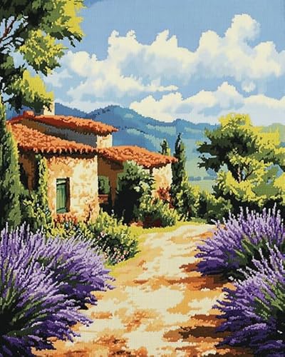 XDEGHUANGSS Kreuzstichset im Landschaftsstil,„Lavender Manor“,komplettes Stickset zur Wohnzimmerdekoration,inkl. Sticktuch,Faden,Nadel und Anleitung,40x50 cm von XDEGHUANGSS