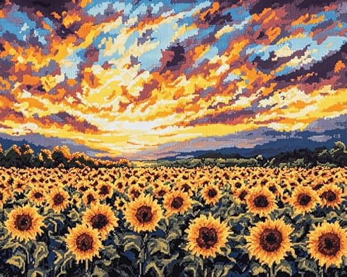 XDEGHUANGSS Kreuzstichset im Landschaftsstil,Sonnenblumen bei Sonnenuntergang,11-fädiges Stickset mit Muster,Fäden,Nadeln und Leinwand – perfekt als Wanddekoration zu Hause und als Geschenk,40x50 cm von XDEGHUANGSS